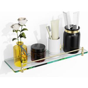 Glass Bathroom Shelves,Brushed Gold Floating Shelves for Wall Rectangular Modern Stainless Steel Glass Shelf for Bathroom Shelves Wall Mounted 16 Inch