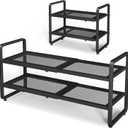 Shoe Rack - Expandable Shoe Organizer for Closet, Adjustable Metal Shoe Shelf Storage, 2 Tier Stackable Long Shoe Stand Holder for Garage, Entryway, Door Entrance, Black