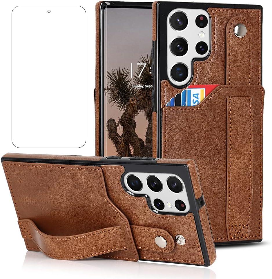 NKECXKJ Design for Samsung Galaxy S22 Ultra 5G Phone Case with Screen Protector Adjustable Wrist Strap Kickstand Credit Card Slot Slim Shockproof Hybrid Rugged Protective Cover for Men 6.8 inch Brown