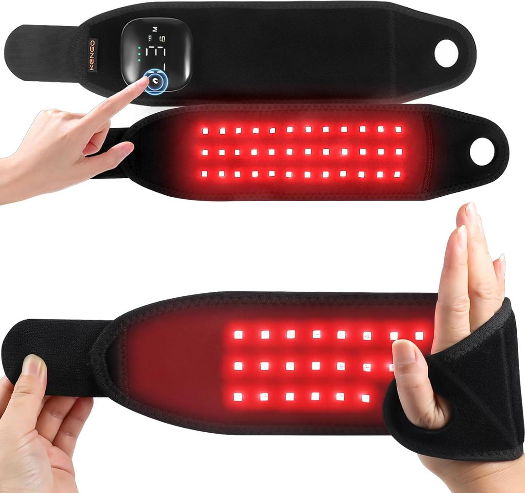 Keneo Red Light Therapy Wristband for Hand & Wrist, 660nm & 850nm Near Infrared Light Device, 3 Heat & Vibration Massage Settings, 2000mAh Wireless, 36 LEDs for Comfort & Recovery (Black)