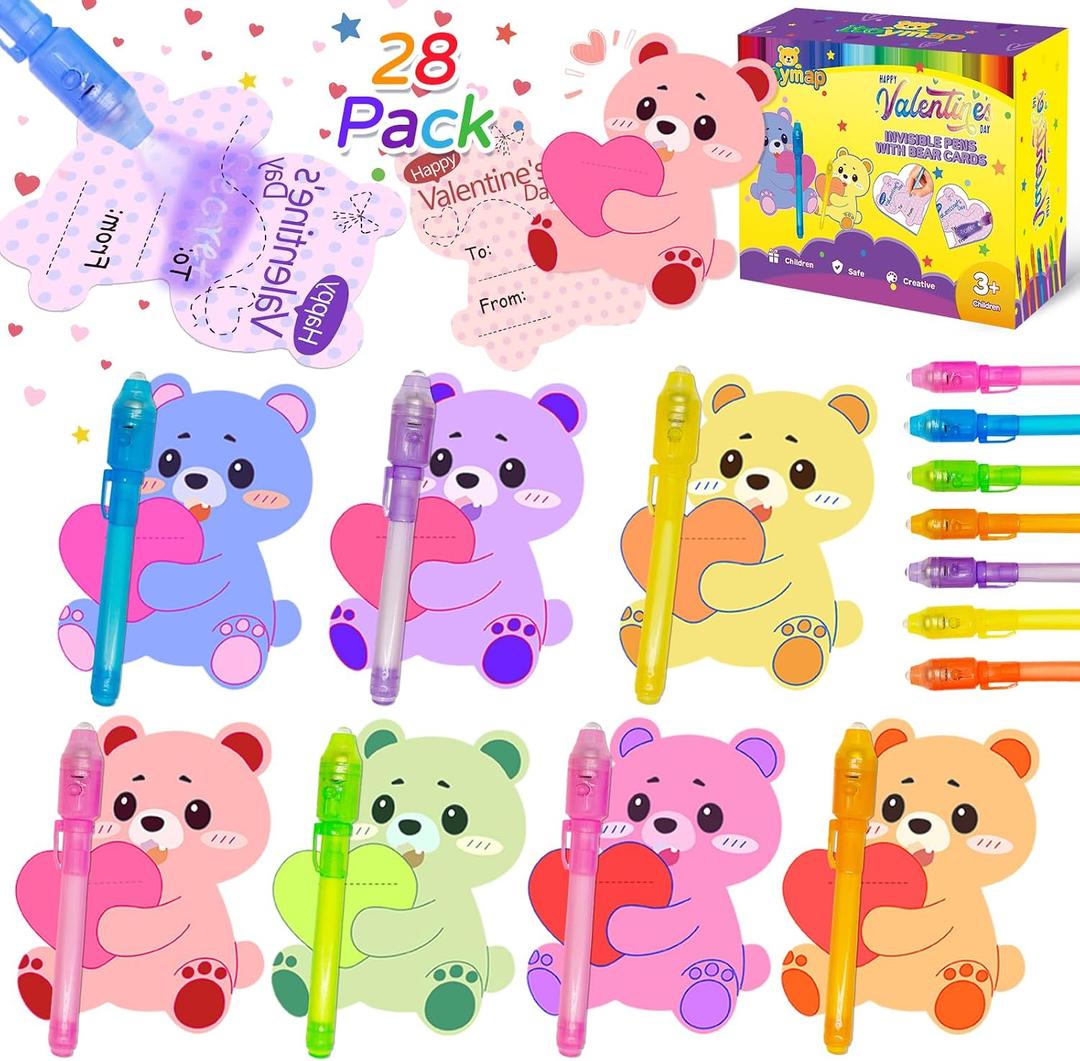 Valentines Day Cards for Kids School, 28 Pack Invisible Ink Pens with UV Light & Mini Heart Bear Cards, Secret Message Classroom Gift Exchange, Non-Candy Party Favor & Prize for Boys & Girls, 3 Age +