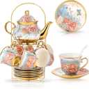 20 Pieces Porcelain Tea Set With Metal Holder, European Ceramic tea set for adults,Flower Tea Set,Tea Set For Women With Flower Painting (VIVID BLUE, Largr Vision) (Large version)