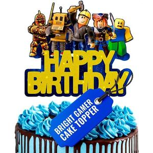 Video Game Cake Topper Decorations - Vibrant Glitter Cardboard Gamer Cake Topper, Eye-Catching Design, Firm Installation & Easy Adjusting, Sturdy Plastic Stick - Birthday Decorations for Boys & Girls
