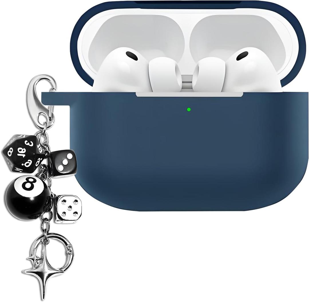 Compatible with AirPods Pro 3 Case, Ziseyoru Soft Silicone Protective Cover for AirPods Pro 3 Earbuds with Funny 8 Ball Dice Charm Keychain Accessories for Women Men (Blue)