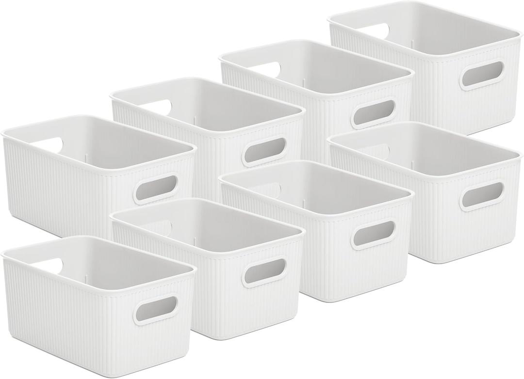 Superio Decorative Plastic Open Home Storage Bins Organizer Baskets, Medium, White (Pack of 8) Container Boxes for Organizing Closet Shelves Drawer Shelf, 5 Liter