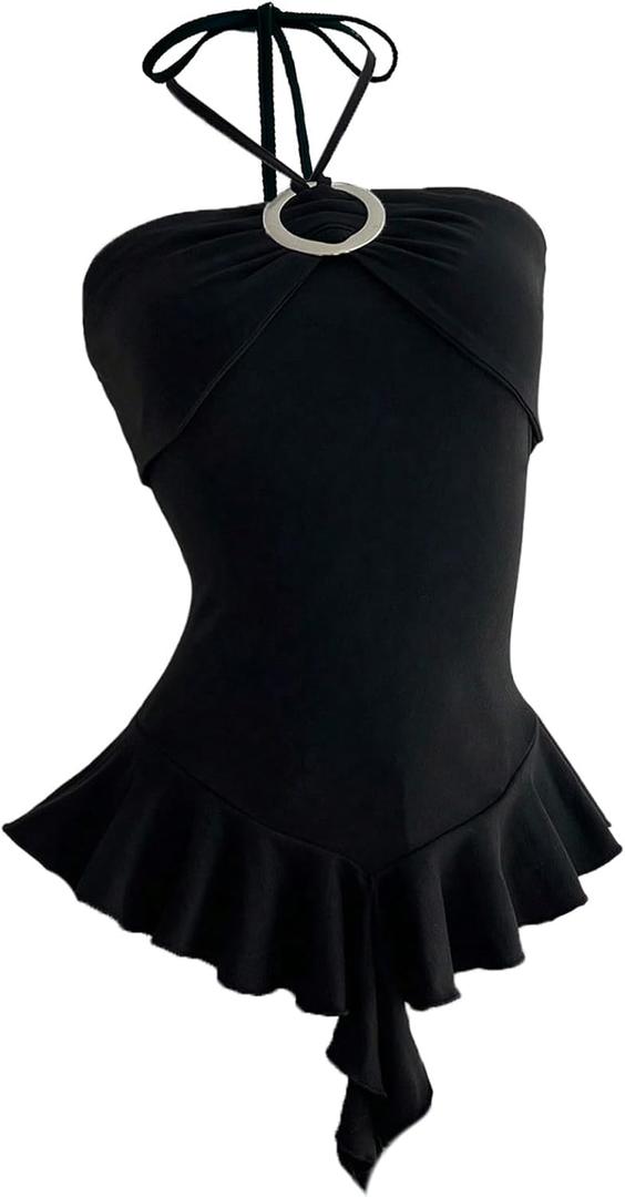 Milumia Women's Sexy Ring Decor Halter Top Sleeveless Ruffle Hem Summer Casual Cami Tops (Black, S)