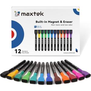 maxtek Magnetic Dry Erase Markers with Eraser - 12 Count Colorful Fine Tip Whiteboard Markers for Kids, Low Odor Whiteboard Markers for Calendar Boards White Board