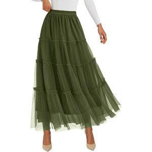 PRETTYGARDEN Tulle Skirts for Women 2025 Fall Fashion Elastic High Waisted Tiered Flowy A-Line Casual Maxi Long Skirt, Size L