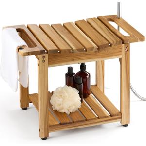 Teak Shower Bench Seat with Storage Shelf, Wood Shower Benches for Inside Shower to Sit on, Teak Shower Stool & Spa for Elderly with Shower Head Holder & Built in Handle for Bathroom/Outdoor