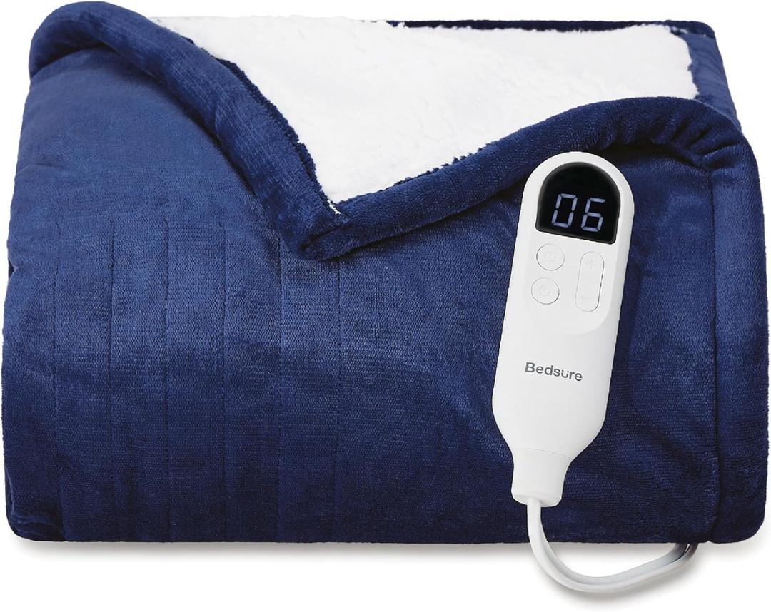 Bedsure Heated Blanket Throw Blanket - Fast Heating Electric Blanket, Soft Flannel Heated Throw with 4 Time Settings, 6 Heating Settings, Warm Gifts for Grandma, Women, Men (50"x60", Navy)
