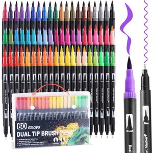 60 Colors Dual Tip Watercolor Markers Pens for School Supplies-Brush & Fine