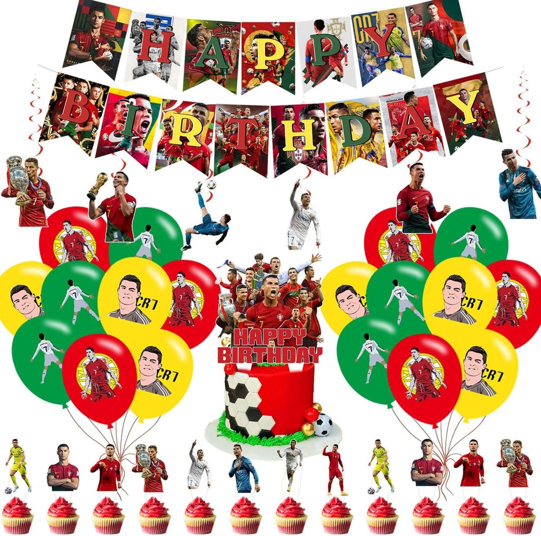 Soccer Star Birthday Party Decoration, Include Happy Birthday Banner, Hanging Swirls, Cake Topper, Latex Balloons, for Soccer CR7 Theme Kids Party Supplies