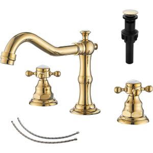 GGStudy 2 Handles 3 Holes Faucet Widespread Bathroom Sink Faucet Polished Gold Basin Tap Mixer Supply Hose Included Matching Metal Pop Up Drain