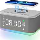 Alarm Clock Speaker Wireless Charger, Digital Alarm Clocks Bedrooms Bluetooth, Alarm Clock Dimmable Light Bedrooms Dual Alarm Snooze Dimmer 12 24H RGB Night Light Bluetooth USB AUX, Gray