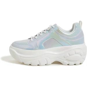 LUCKY STEP Women Chunky Platform Dad Colorblock White Neon Green Fuchsia Hologram Silver Casual Lace-Up Walking Sneakers (8.5)