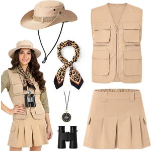 Shihanee 6 Pcs Women Safari Costume Hunting Outfit Fishing Vest Sun Bucket Hat Leopard Neck Scarf Binocular Zoo Cosplay (Large, Multicolor)