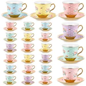 Teenyyou Set of 24 Tea Cups and Saucers, Vintage Style, 5.4 oz