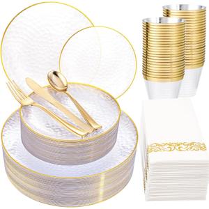 Rubtlamp 175 Pcs Plastic Dinnerware Set (25 Guests), Clear And Gold Plastic Plates, Hammered Party Plates Include Dinner Plates, Dessert Plates, Cups, Gold Cutlery Set And Napkins for Party