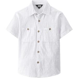 JOGAL Boys Chambray Shirts Short Sleeve Button Down Casual Cotton Woven Shirt with Two Pockets for Kids 6-14 Years (9-10 Years, White)