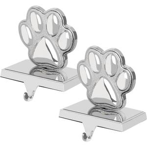 Fowecelt 2 Pack Dog Paw Christmas Stocking Holder, 3D Silver Metal Mantel Stocking Hanger for Mantel Shelf Stand Table Christmas Decor