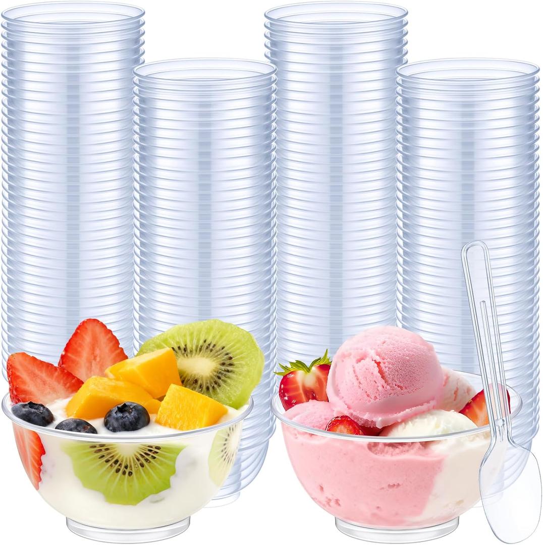 Suclain 200 Pack 2 Oz Dessert Cups with Spoons Round Clear Plastic Party Disposable Appetizer Parfait Cups Serving Bowls for Tasting Party Appetizers Fruit Parfait Trifle Mousse Pudding