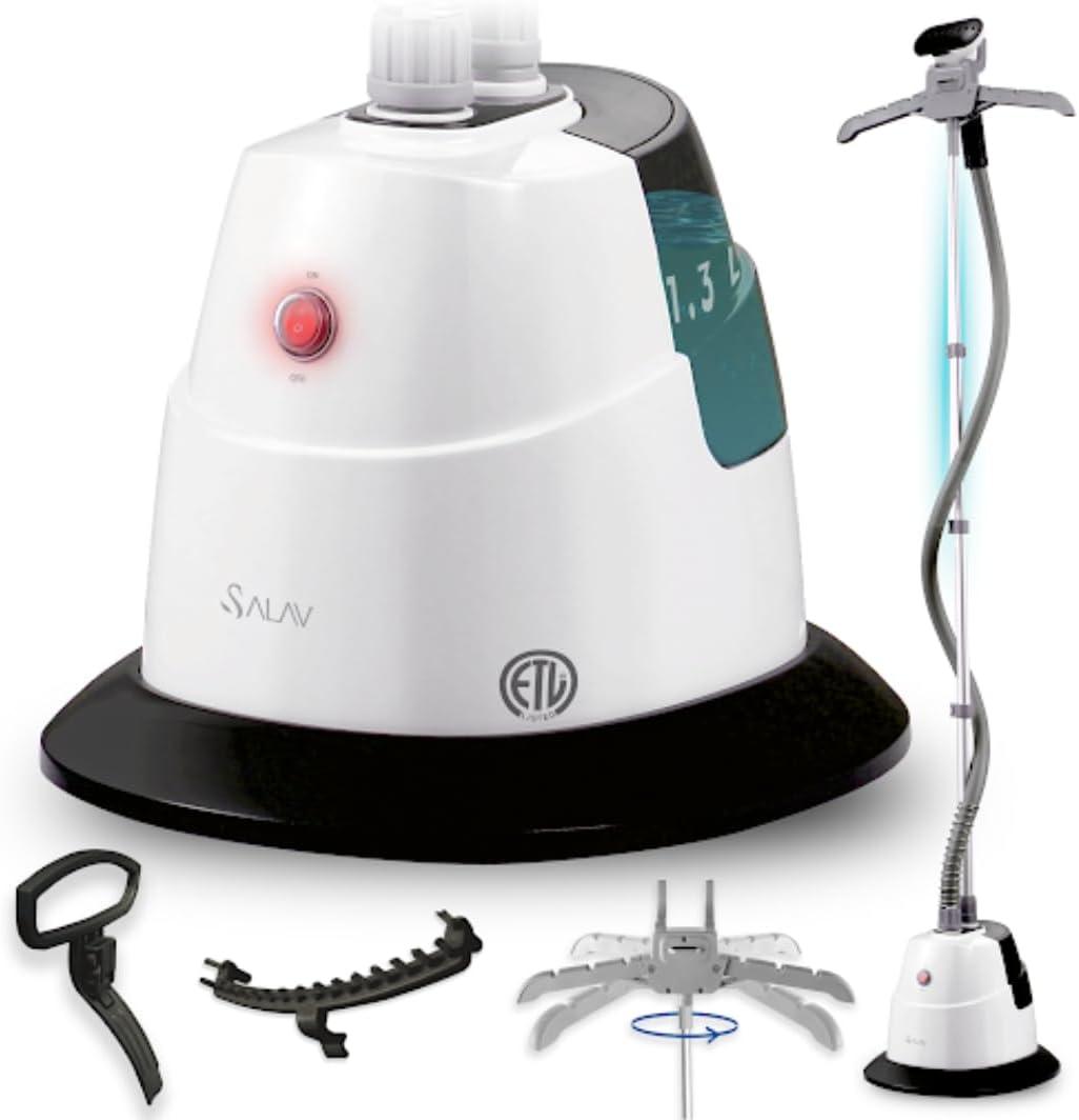 SALAV Standing Steamer with Garment Hanger, 1.3L Water Tank for 1 Hour Continuous Steaming, Heats in 45 Seconds, Double-Insulated Steam Hose (Black, Garment Steamer)