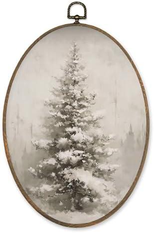 LKETW Vintage Winter Christmas Tree Oval Wall Art Decor, Christmas Oval Canvas Hanging Decor, Rustic Winter Holiday Xmas Pine Tree Wall Decorations for Home Living Room Bedroom, 8.6x11.4 Inch