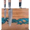 FINDKING Magnetic Knife Block, Double Sided Holder, Powerful Magnet Kitchen Storage, Acacia Wood and Blue Resin (12 x 10 Inches, Without Knives)