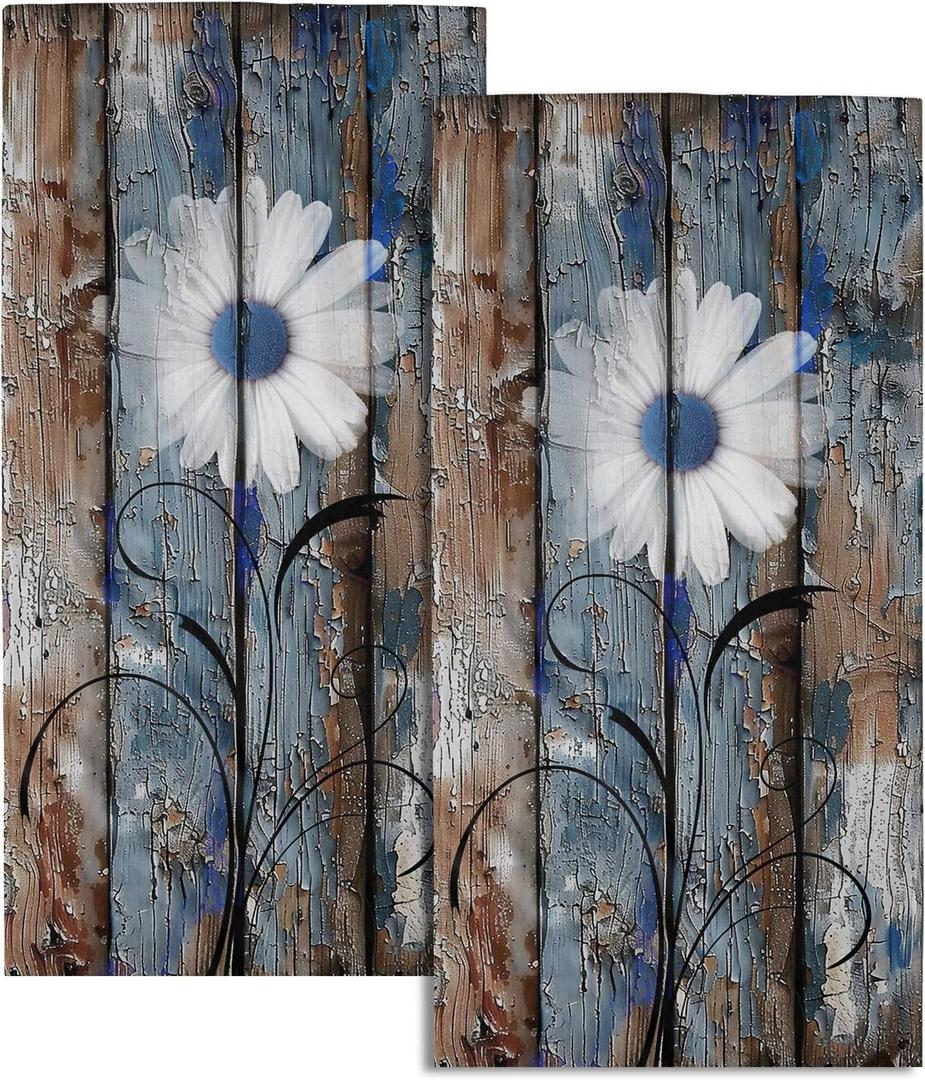 Rustic Daisy Bathroom Hand Towels Set of 2 Blue Brown Floral Farmhouse Fingertip Towels for Bathroom Spring Botanical on Wooden Decorative Absorbent Soft Kitchen Towels for Home Spa Gym Hotel