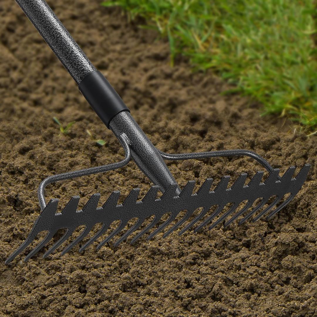 63'' Bow Rake Heavy Duty Garden Rake with Stainless Steel Handle, Tines Metal Head Rake Tool for Loosening Soil Gathering Leaf Leveling Lawn Farming Land Management Yarn Thatch Rake