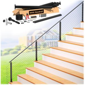 8-12FT Modular 36" Swageless Cable Railing System with Handrail
All-in-one, 33° Drilled Post for 28-38° Step, Pre-Cut 1/10" Cable Railing Kit, Handrail Cuttable, T304 Stainless Steel, Black