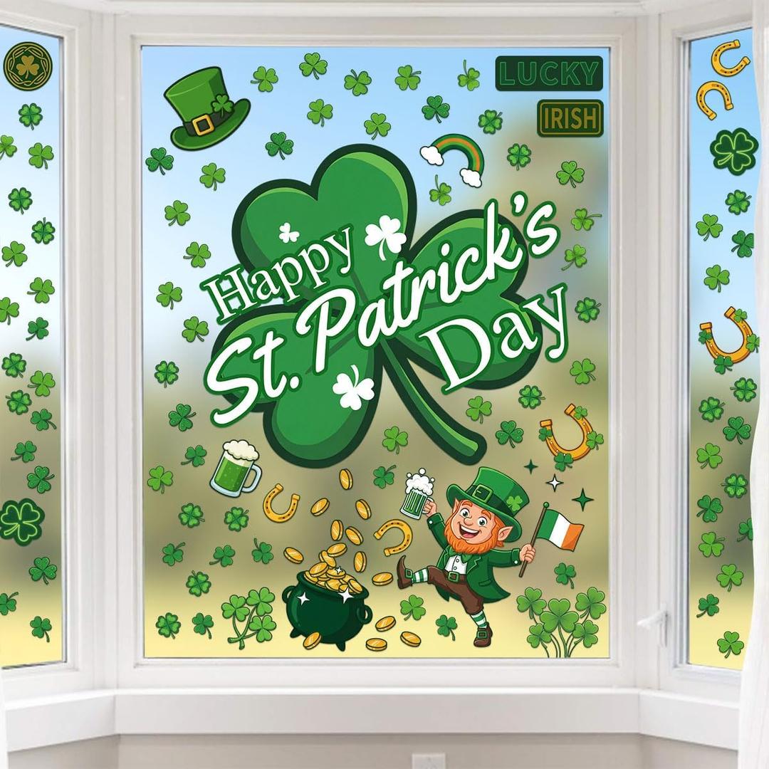 3 Pcs Large St. Patrick's Day Window Clings, PVC Static Cling Stickers Shamrock Leprechaun Pot of Gold Horseshoe Design 13 7 x 33 4 Inch Repositionable Clings for Windows Mirrors Glass