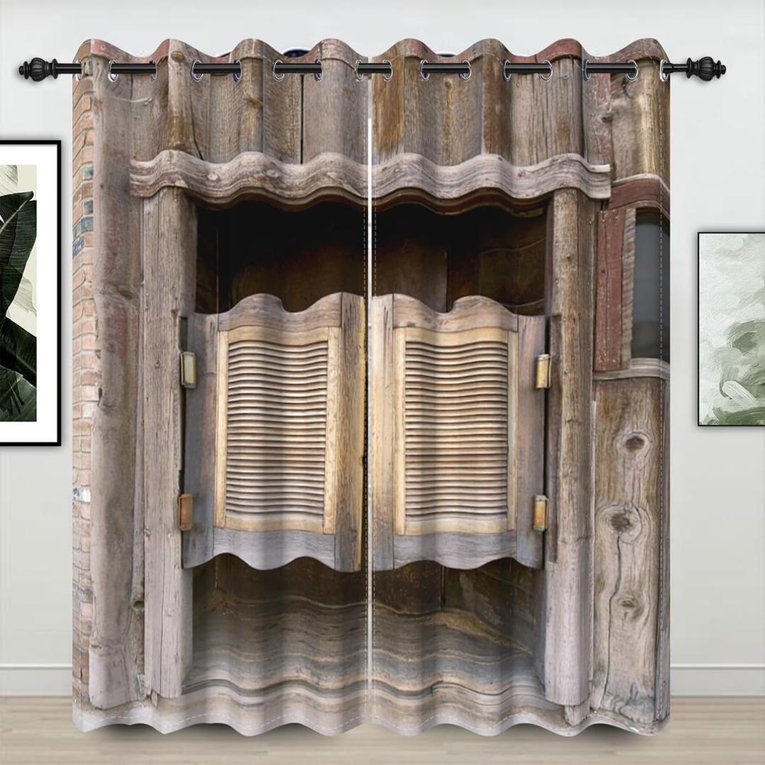 Rustic Wood Door Window Curtains Wild West Cowboy Bar Saloon Vintage Countryside Door Farmhouse Decor Window Drapes for Living Room Bedroom Set of 2 Panels, 42x84 Inch