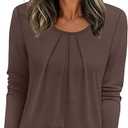 OFEEFAN Long Sleeve Shirts for Women Pleated Crewneck Womens Tops Dressy Casual Business Blouses Size L