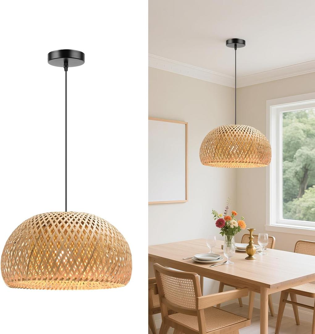 Rustic Bamboo Pendant Light, 15.74 inch One-Light Boho Basket Handmade Woven Pendant Lighting for Bedroom, Kitchen, Living Room Boho Decor