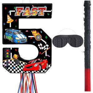 Race Car Piata Pull String Cars Piatas for Birthday Party Decorations Number 2 3 4 5 6 with Blindfold Stick Small Red Black Racing Theme 2nd 3rd 4th 5th 6th Party Supplies(Number 5)