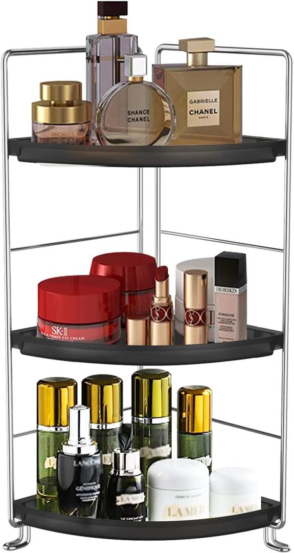 3-Tier Corner Bathroom Sink Countertop Organizer Storage Shelf Stackable Organizer for Cosmetics, Bathroom, Kitchen, Counter-Kitchen Spice Rack-Vanity Tray Makeup Shelf Holder,Black