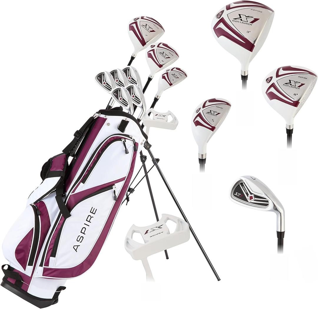 Aspire X1 Womens Golf Clubs Full Set, Includes Driver, Fairway, Hybrid, 6-PW Irons, Putter, Stand Bag, 3 H/C's, Light Graphite Shafts, Golf Clubs Women Right Handed, Purple, Regular or Petite Size (Petite Size -1")