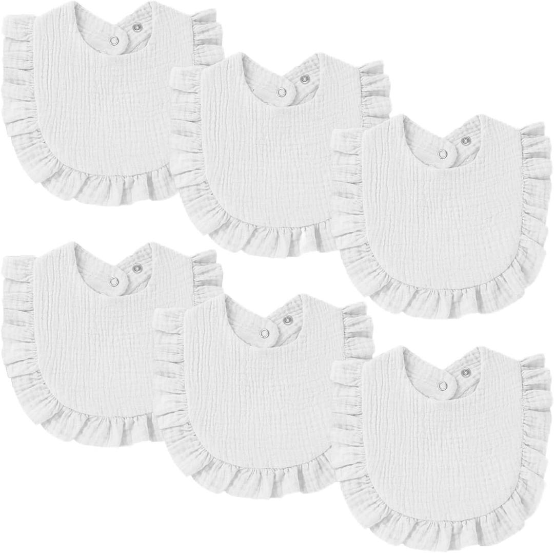 Oiomniv Muslin Baby Bibs, 6-Pack Bandana Drool Bibs Soft Cotton Adjustable Unisex Newborn, Toddler for Drooling Teething (White)