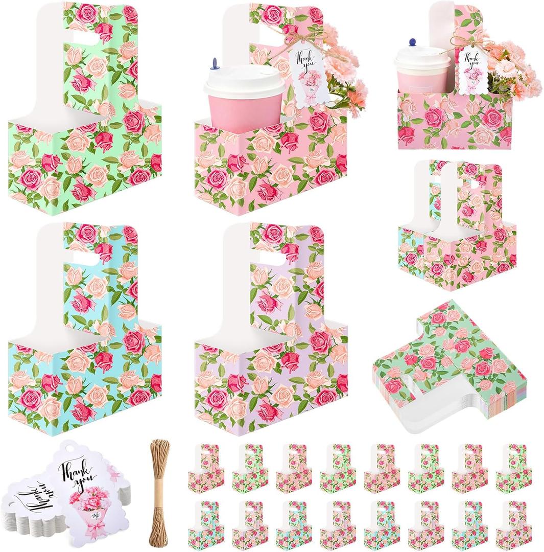 20 Pack Mother's Day 2 Cup Drink Carrier with Handle, Floral Coffee Cup Holder with Cards and Ropes, Disposable Cardboard Foldable Drink Caddy for Hot Cold Drinks, Food Delivery
