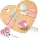 Maxcheck 9 Pcs Valentine Heart Shaped Charcuterie Board and Serving Set Including Bamboo Cutting Board Heart Ceramic Bowls Dishes 4 Pcs Cheese Knives and Spoon Fork for Wedding Party(Pink)