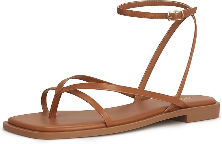 Womens Flats Sandals Square Toe Strappy Ankle Strap Flats, Brown Size 6