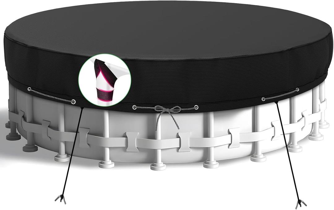 18Ft Round Pool Cover,Heavy Duty Waterproof Round Pool Covers for Above Ground Pools with Ground Nails and Windproof Ropes,Increase Stability&Tear-Resistant, Waterproof and Dustproof, Black (18FT, Black)