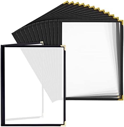 Juvale Clear Menu Covers - 12-Pack, Letter Size 8.5 x 11 in, Black PU Leather - Double Panel Clear Sleeves & Gold Metal Corners - 4-View Menu Holders for Restaurants & Bars