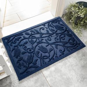 Boho Blue Floral Leaves Outdoor Indoor Entrance Doormats, Absorbent Durable Heavy Duty Welcome Front Door Mat,Thick Natural Rubber Back,Easy Clean Entryway Mat 17x30 Inch, Low Profile (1'5" x 2'6" (Rectangular))