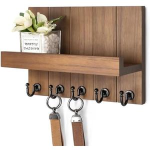 Rebee Vision Decorative Key Holder for Wall - Rustic Key Hooks with Shelf and Mail Organizer Wall Mount for Farmhouse Wall Decor Living Room - Home Essentials for New Home (Brown, 3.54" x 10" x 7.28")