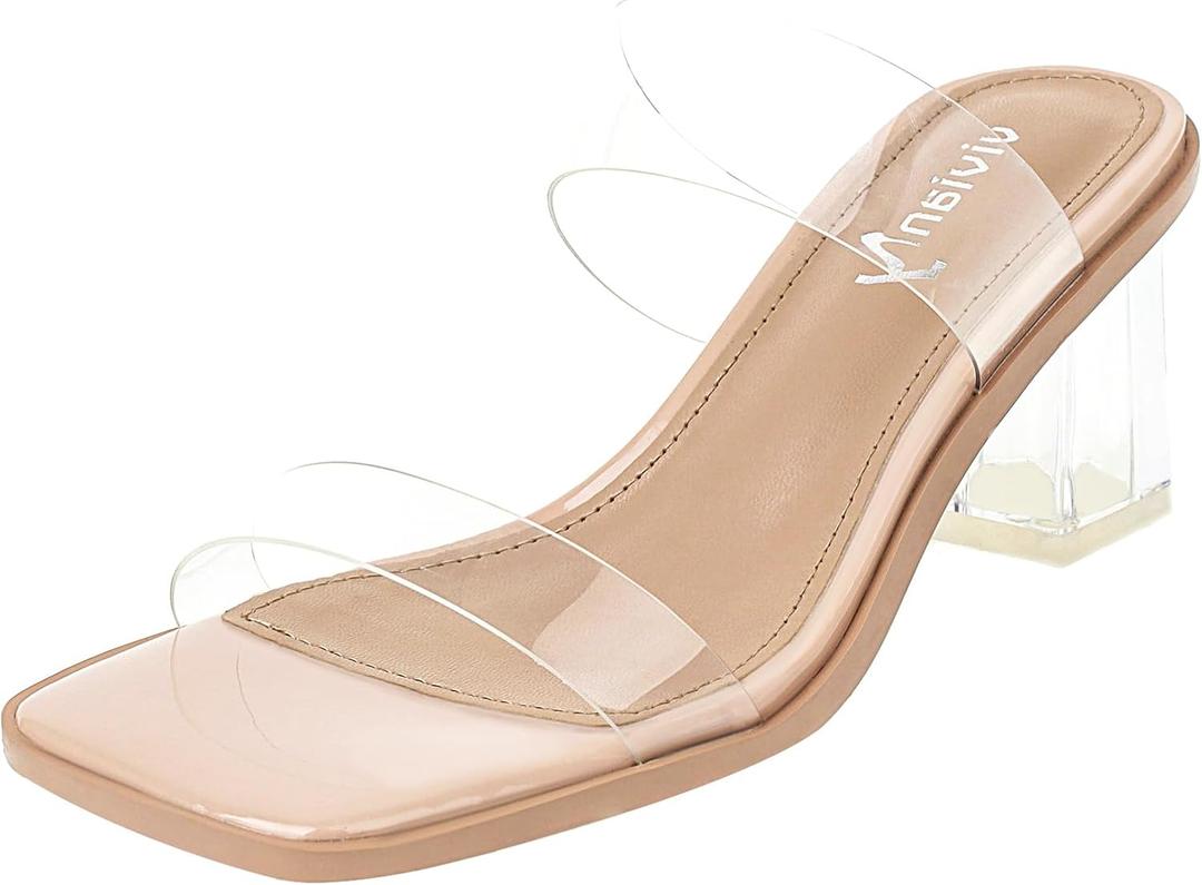 vivianly Womens Clear Heels Sandals Transparent Chunky Heels Backless Open Toe Slip on Mules Heeled Slipper Dress Shoes (8, Nude Double Straps-2.56in)