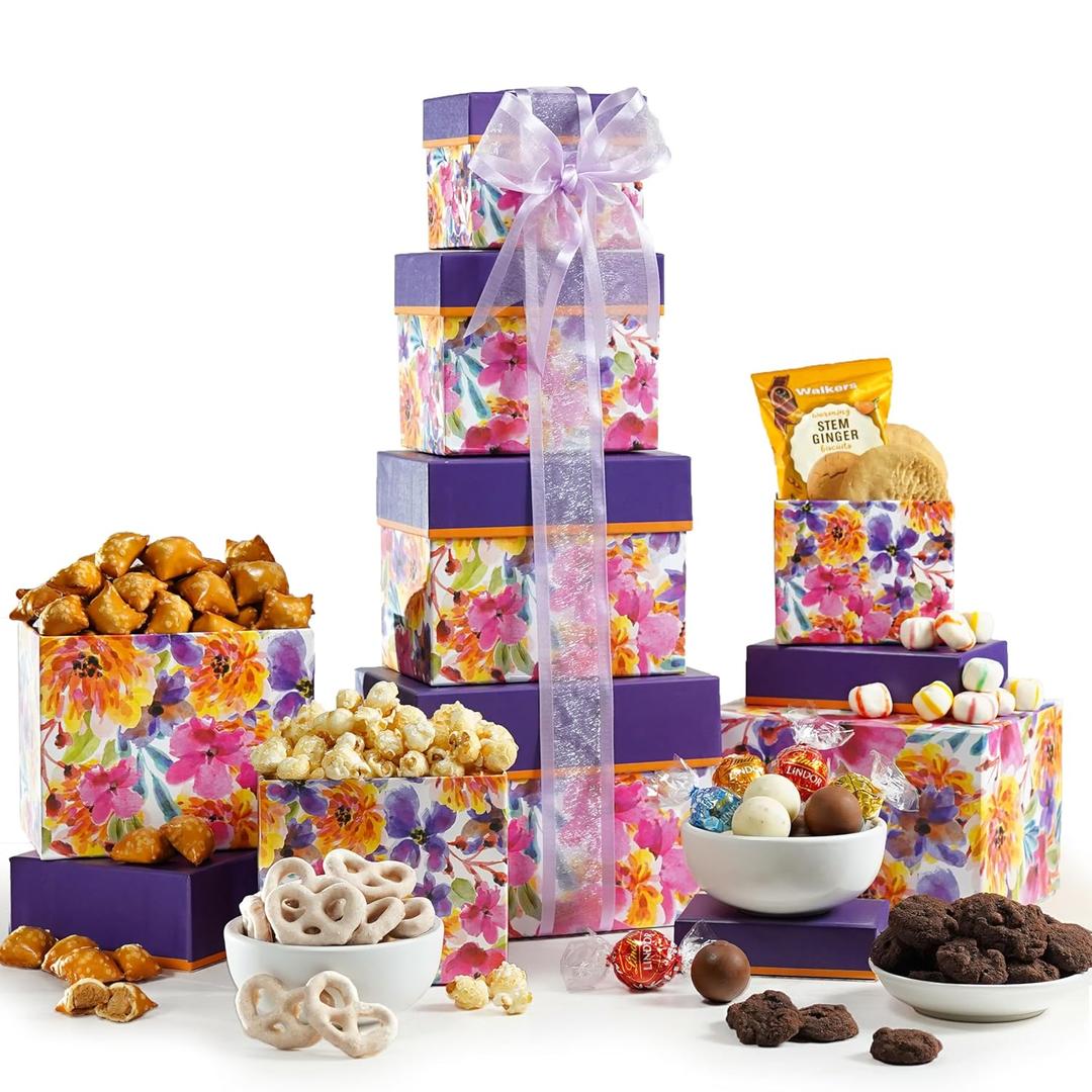 Broadway Basketeers Gift Basket Tower Snack Gifts for Women, Men, Families, College  Delivery for Birthday, Appreciation, Thank You, Get Well Soon Care Package (Floral)