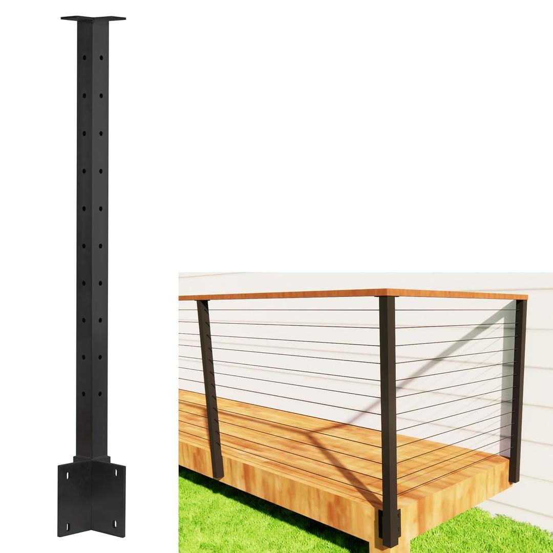 Cable Railing Outer Corner Post Fascia Mount-Stainless Steel Square Weldless 36"x2"x2" Pre-drilled Side Mount Metal Post for Wood Deck, Black