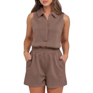 ANRABESS Romper for Womens 2025 Summer Dressy Casual Sleeveless V Neck One Piece Short Jumpsuit Lounge Travel Outfits Clothes (Large, Light Brown)